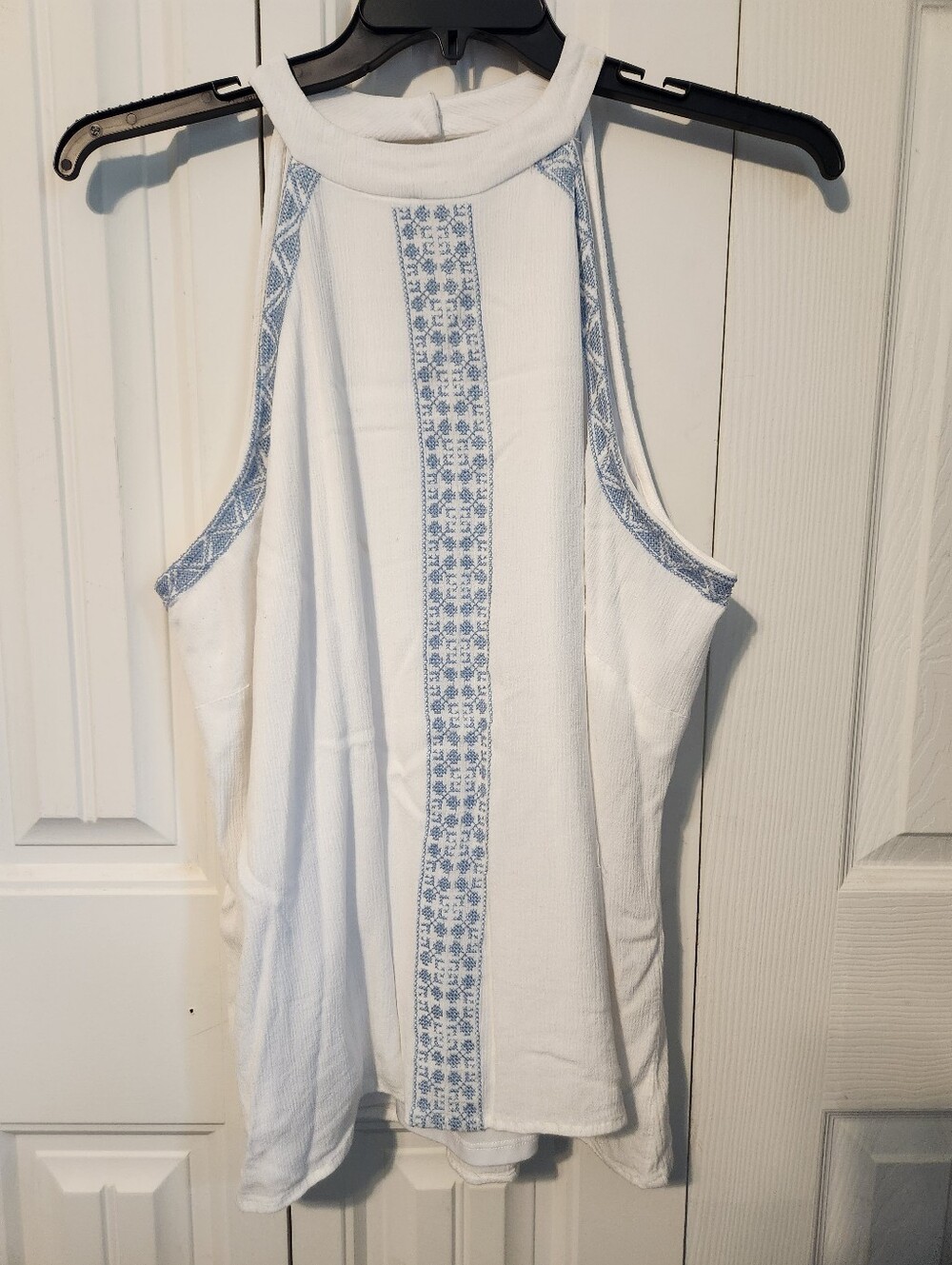 Cato White Halter Tank with Light Blue Embroidery